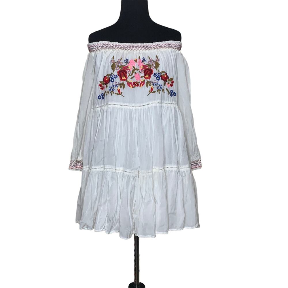 Free People Sunbeams Embroidered Off Shoulder Boho Mini Dress size XS